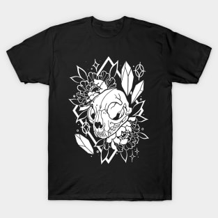 Cat skull, crystals, and peonies in white T-Shirt